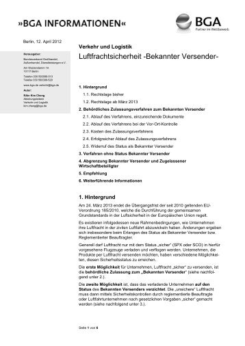 Luftfrachtsicherheit -Bekannter Versender- - bga