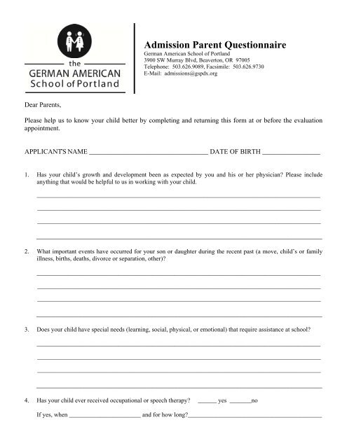 Admission Parent Questionnaire - The German American School of ...