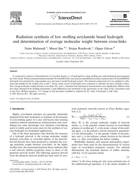 Radiation synthesis of low swelling acrylamide based hydrogels and ...