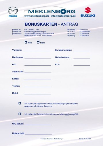 BONUSKARTEN - ANTRAG - Autohaus Meklenborg Vertriebs GmbH