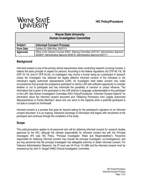 9-3 Informed Consent Process - Institutional Review Board - Wayne ...