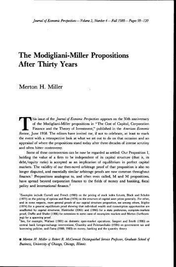 The Modigliani-Miller Propositions After Thirty Years