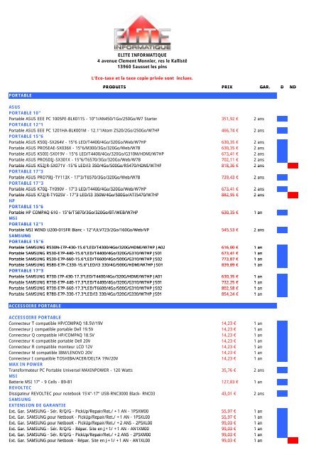 ELITE INFORMATIQUE 4 Cl t M i l K lli té 4 avenue Clement Monnier ...