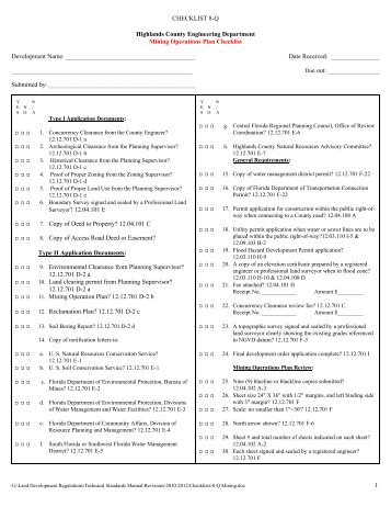 Mining Operations Plan Checklist - Highlands County