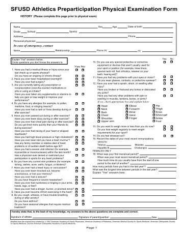 SFUSD Athletics Preparticipation Physical Examination Form