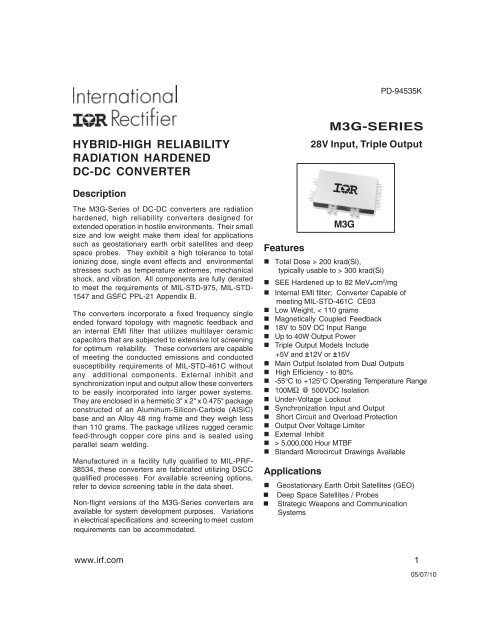 m3g-series hybrid-high reliability radiation hardened dc-dc converter