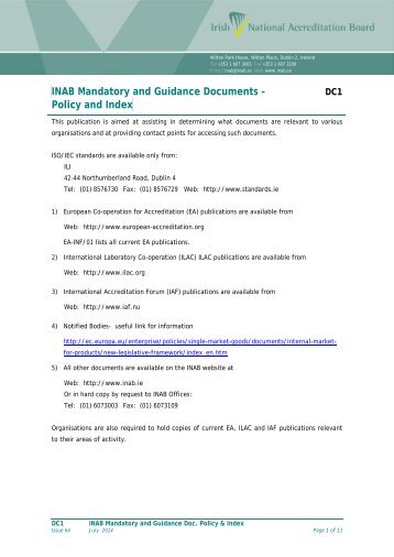 INAB Mandatory and Guidance Documents - Policy and Index