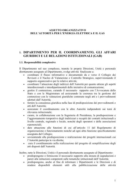 Assetto organizzativo - AutoritÃ  per l'energia elettrica e il gas