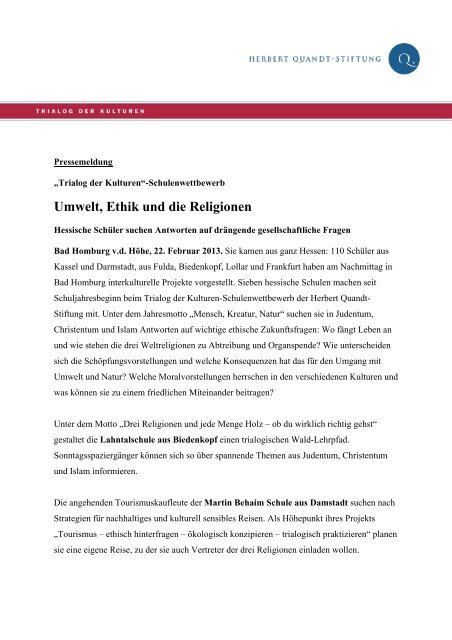 Umwelt, Ethik und die Religionen - Herbert-Quandt-Stiftung