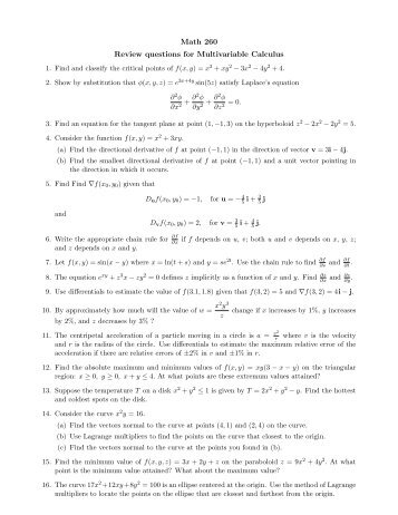 Math 260 Review questions for Multivariable ... - Gilles Cazelais