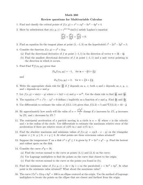 Math 260 Review questions for Multivariable ... - Gilles Cazelais