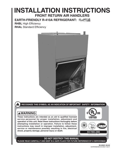 92-20521-56 Rev. 02 RHBL, RHAL Front Return Air ... - Rheemote.Net