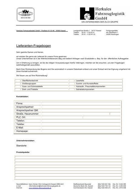 Lieferanten Fragebogen Herkules Fahrzeuglogistik Gmbh