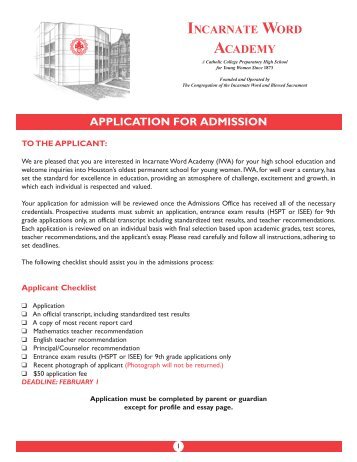application for admission - Incarnate Word Academy