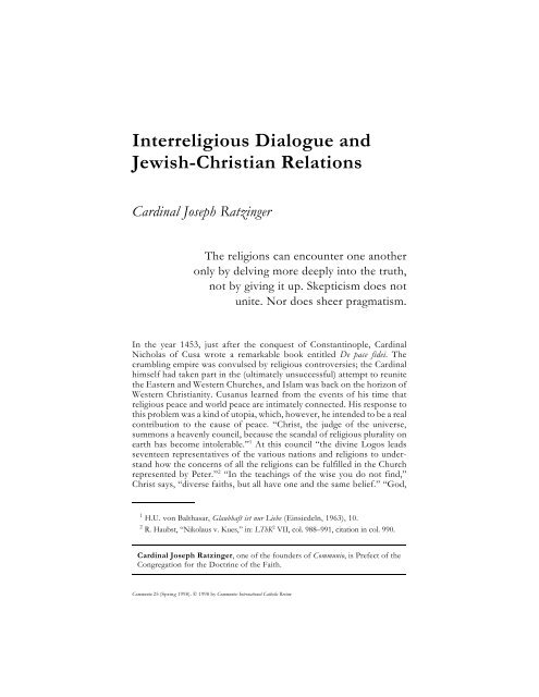 Interreligious Dialogue and Jewish-Christian Relations - Communio