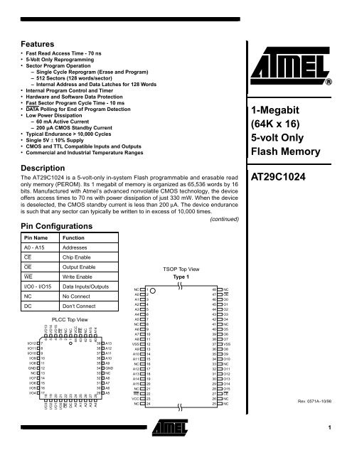 ATMEL AT29C1024-12JC PLCC 1 Megabit 64K x 16 5-volt Only