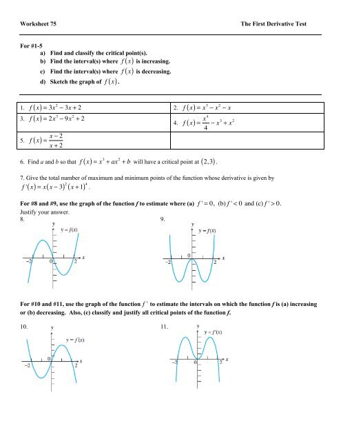 worksheet 75 first derivative test