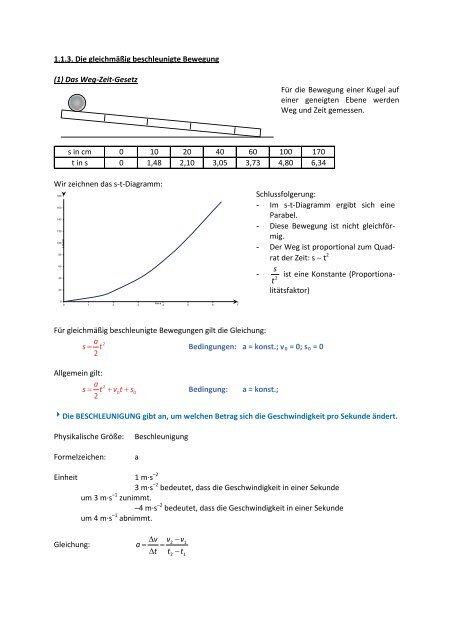 1.1.3. Die gleichmÃ¤Ãig beschleunigte Bewegung FÃ¼r die Bewegung ...