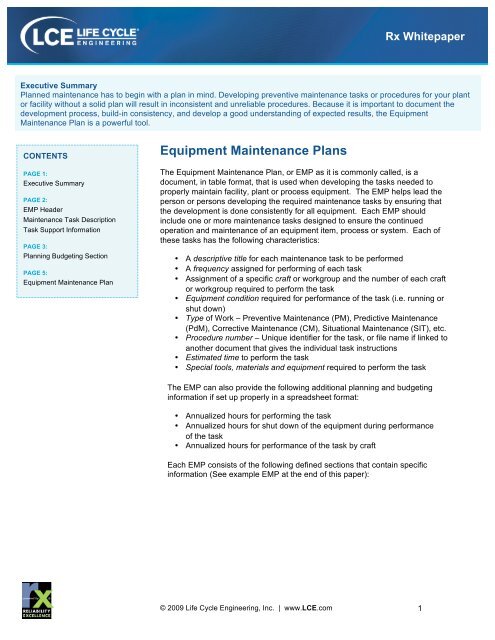 Equipment Maintenance Plans - Life Cycle Engineering