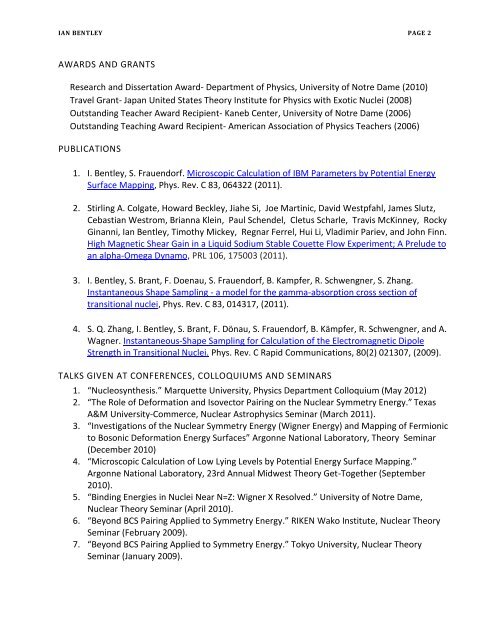 Prof. Bentley's CV--PDF file - Physics Department - University of ...