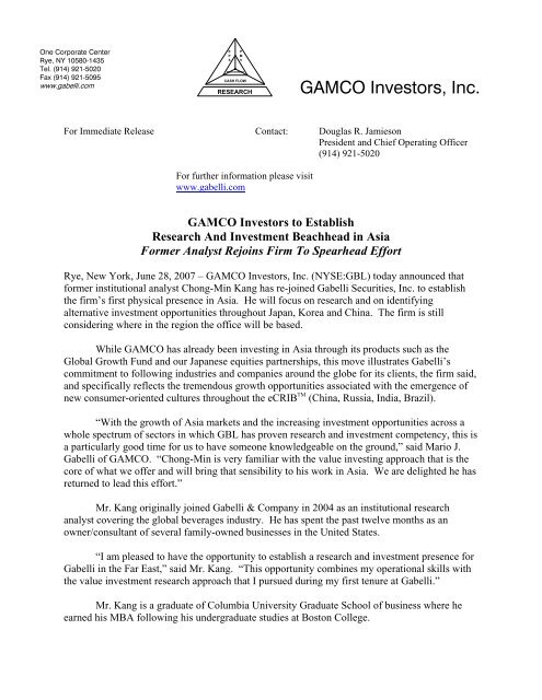 GAMCO Investors To Establish Research And Investment ... - Gabelli