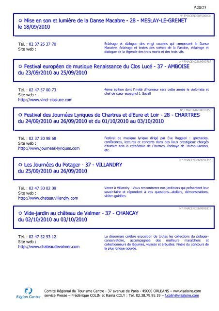 Principales manifestations 2010 de la rÃ©gion Centre â Val ... - Visaloire