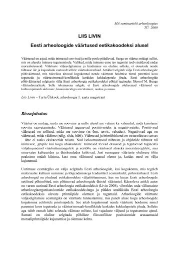 LIIS LIVIN Eesti arheoloogide vÃ¤Ã¤rtused eetikakoodeksi alusel