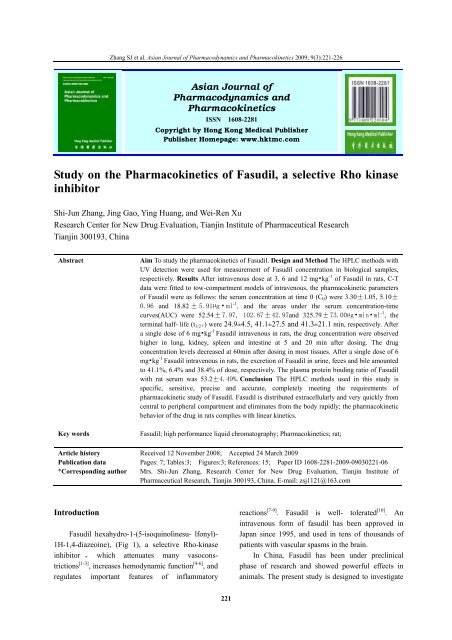 Study on the Pharmacokinetics of Fasudil, a selective Rho kinase ...