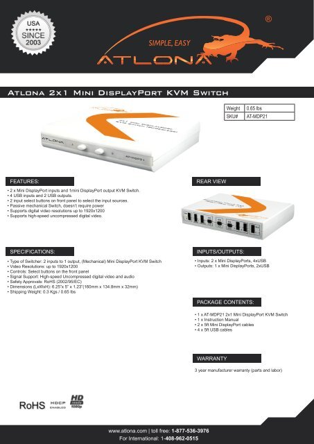 Atlona 2x1 Mini DisplayPort KVM Switch