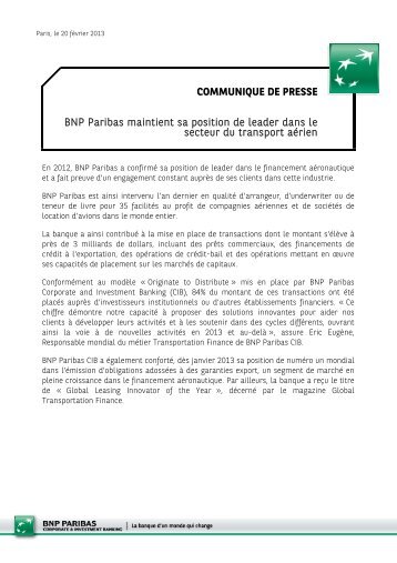 COMMUNIQUE DE PRESSE BNP Paribas maintient sa position de ...