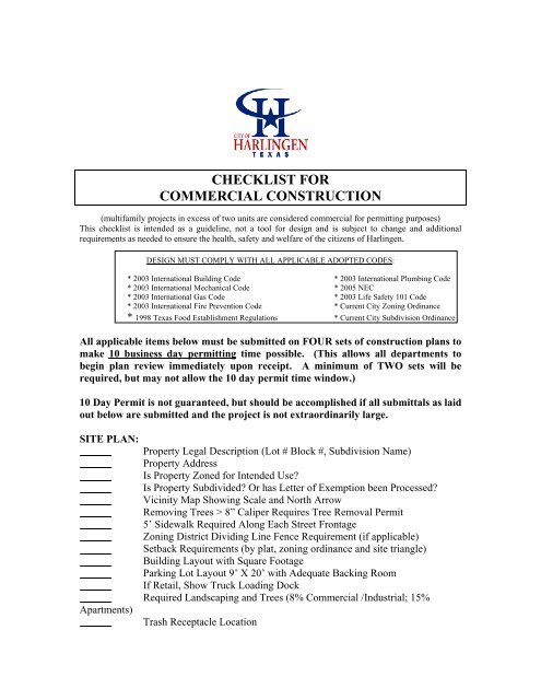 CHECKLIST FOR COMMERCIAL CONSTRUCTION