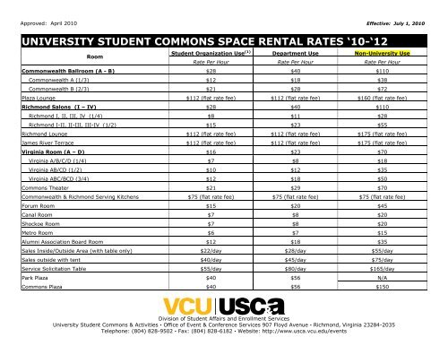 USC&A Rate Sheet - University Student Commons and Activities