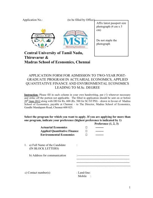 Application Form - Madras School of Economics