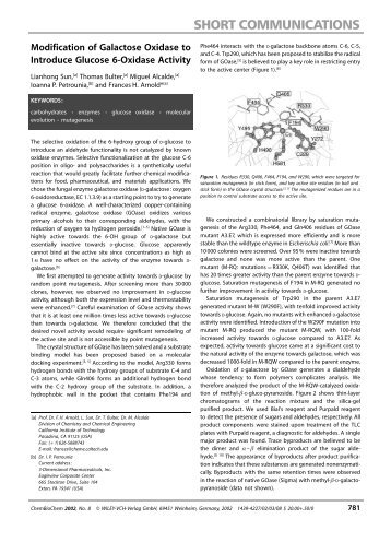 Modification of Galactose Oxidase to Introduce Glucose 6-Oxidase ...