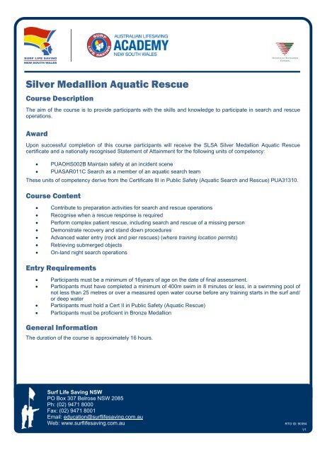 Silver Medallion Aquatic Rescue Course Overview - Surf Life Saving ...