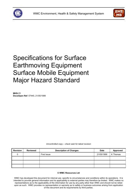 Specifications for Surface Earthmoving Equipment ... - MIRMgate