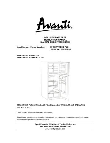 DELUXE FROST FREE INSTRUCTION MANUAL ... - Avanti Products