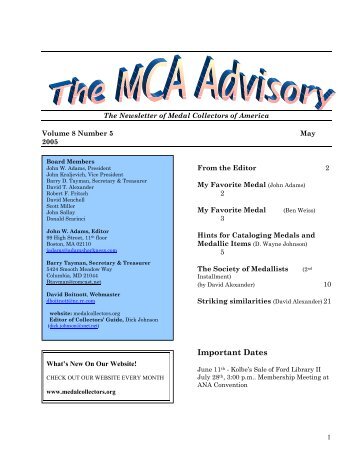 The MCA Advisory May 2005.pdf - Medal Collectors of America