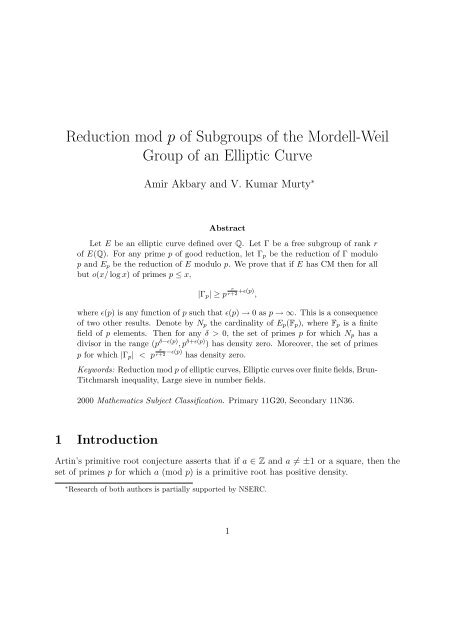 Reduction mod p of Subgroups of the Mordell-Weil Group of an ...