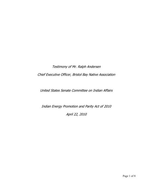 Testimony - US Senate Committee on Indian Affairs