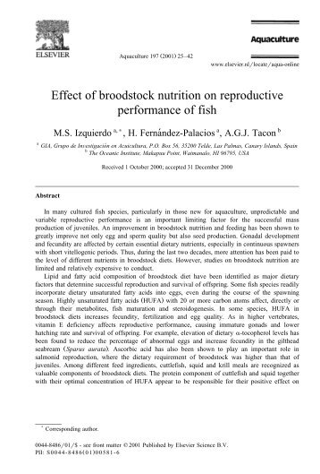 Effect of broodstock nutrition on reproductive performance of fish