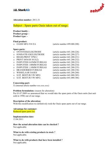 Subject : Spare parts Oasis taken out of range. - J.E. StorkAir