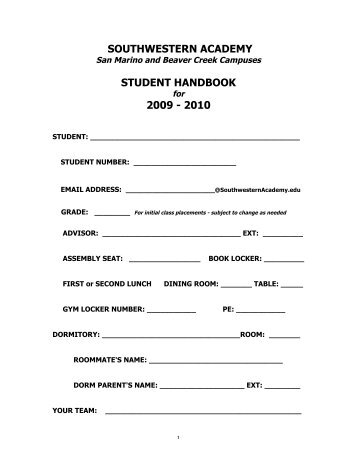 SOUTHWESTERN ACADEMY STUDENT HANDBOOK 2009 - 2010