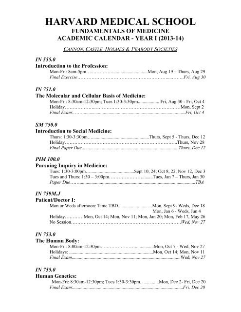 academic calendar - year i (2013-14) - Harvard Medical School