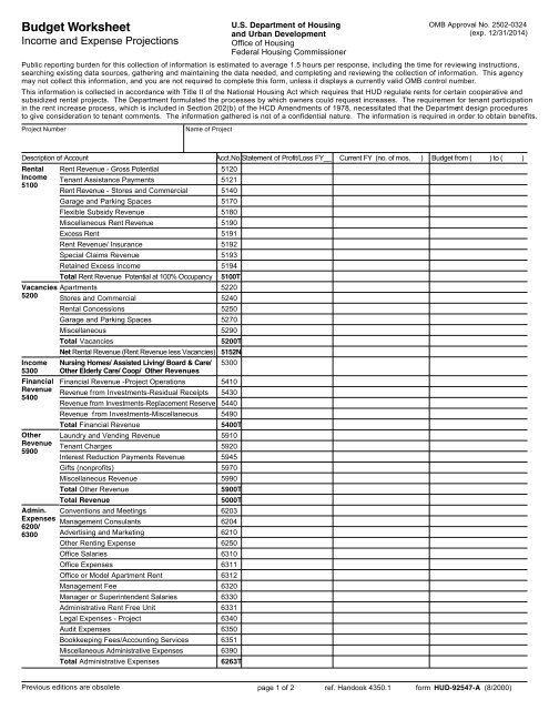 Budget Worksheet Income and Expense Projections - HUD