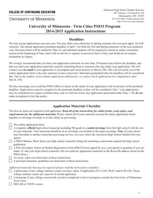 University of Minnesota - Twin Cities PSEO Program 2013-2014 ...