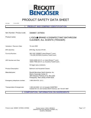 PRODUCT SAFETY DATA SHEET - Reckitt Benckiser