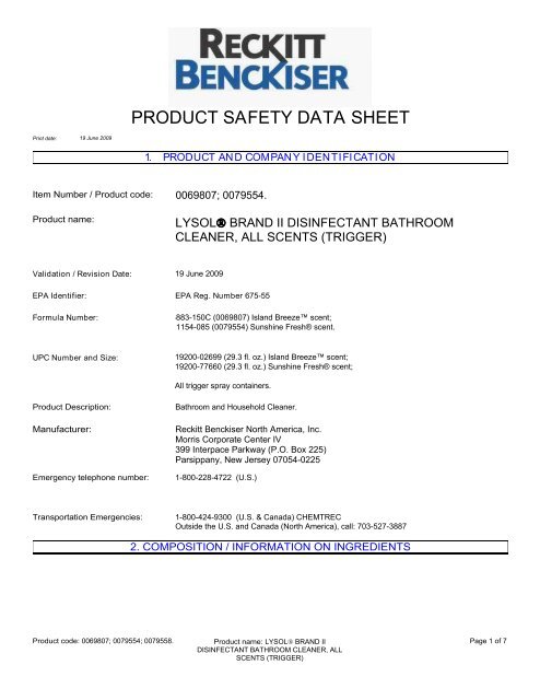 PRODUCT SAFETY DATA SHEET - Reckitt Benckiser