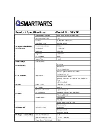 Product Specifications -Model No. SPX7E - Smartparts