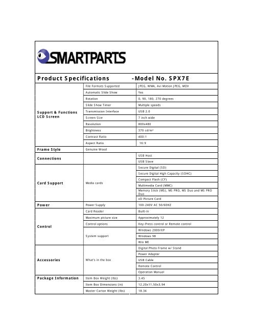 Product Specifications Model No Spx7e Smartparts